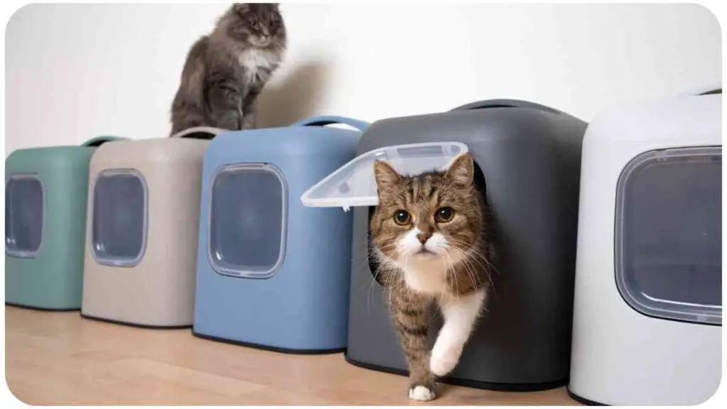 a cat is standing in front of a litter box