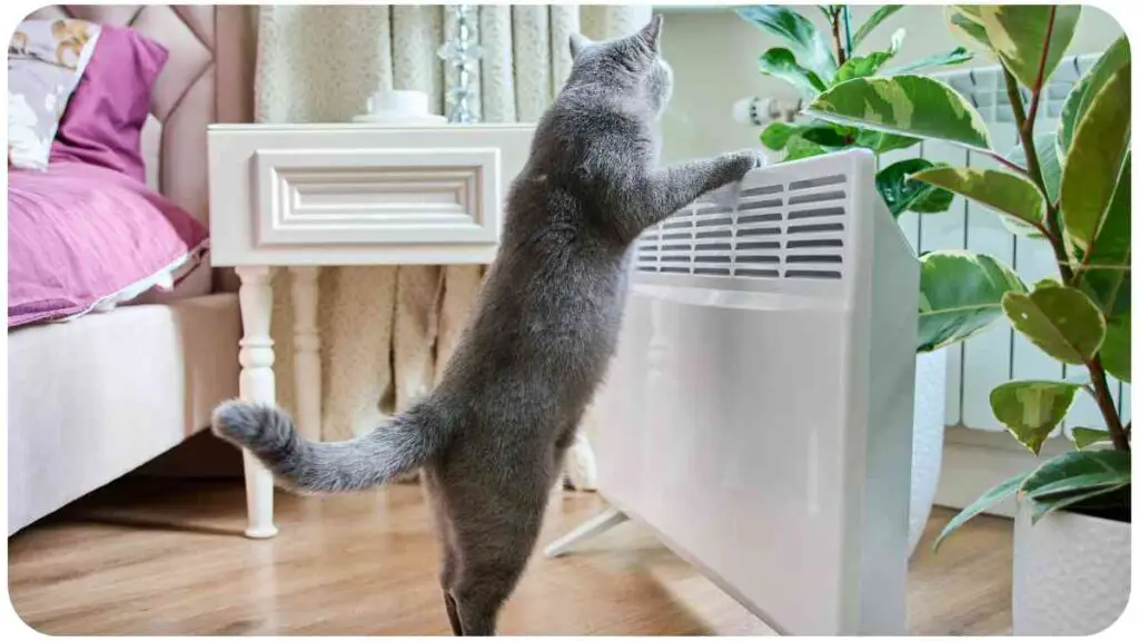 a cat standing on its hind legs near a heater