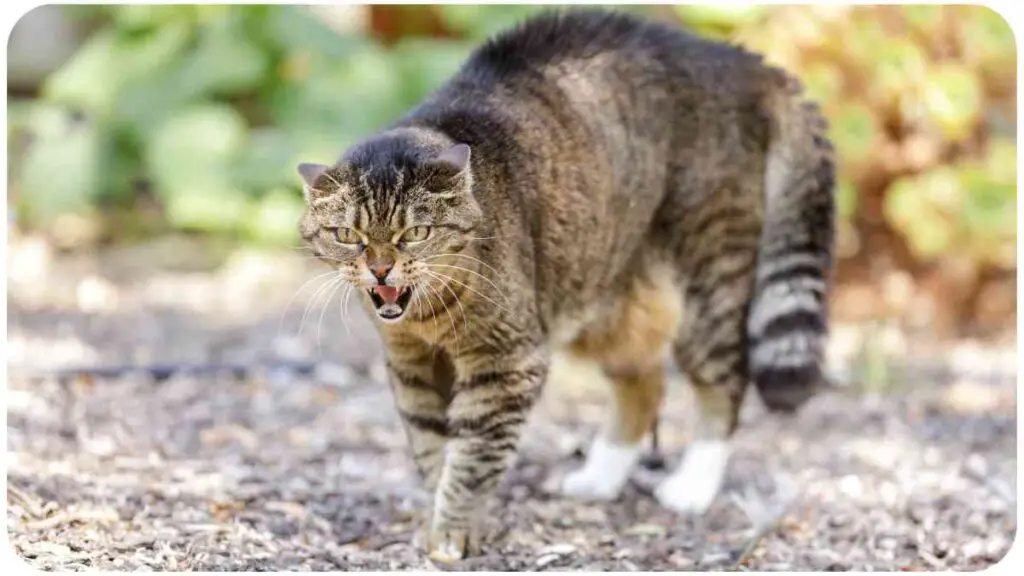 a cat walking on the ground with its mouth open