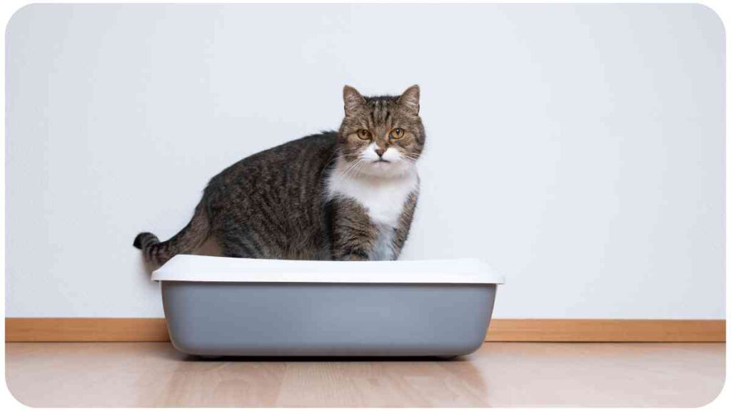 a cat sitting in a litter box on the floor