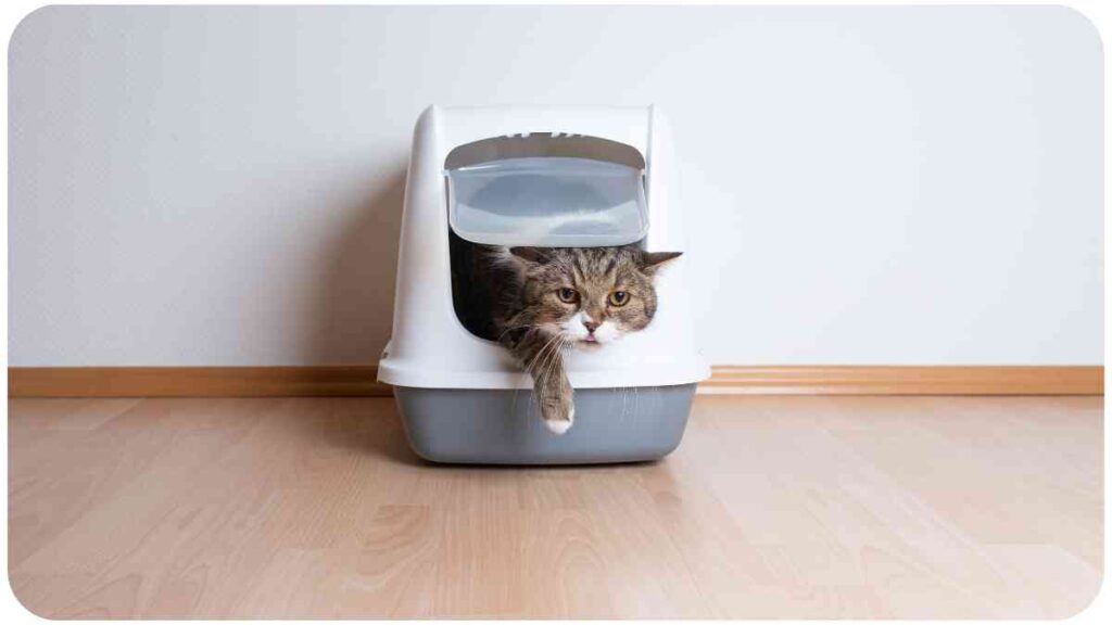 a cat is sitting inside of a litter box