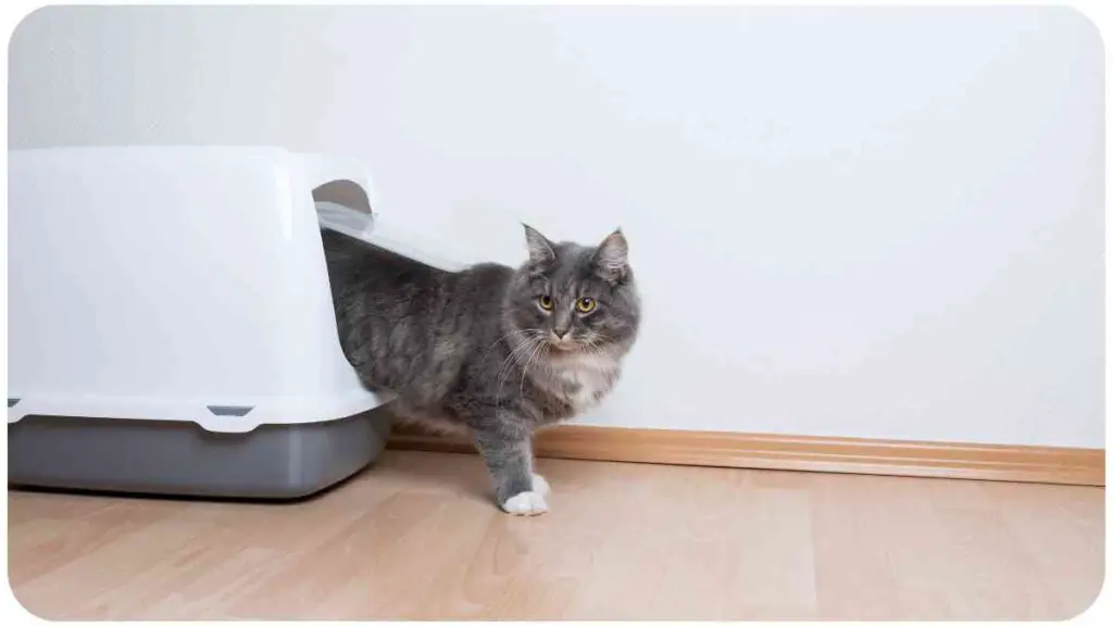 a cat standing in front of a litter box