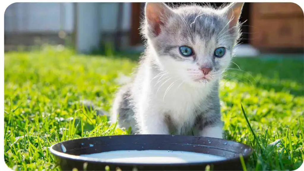 a kitten sitting on the grass next to a bowl of milk