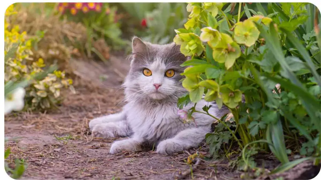 a gray and white cat sitting in the middle of some flowers
