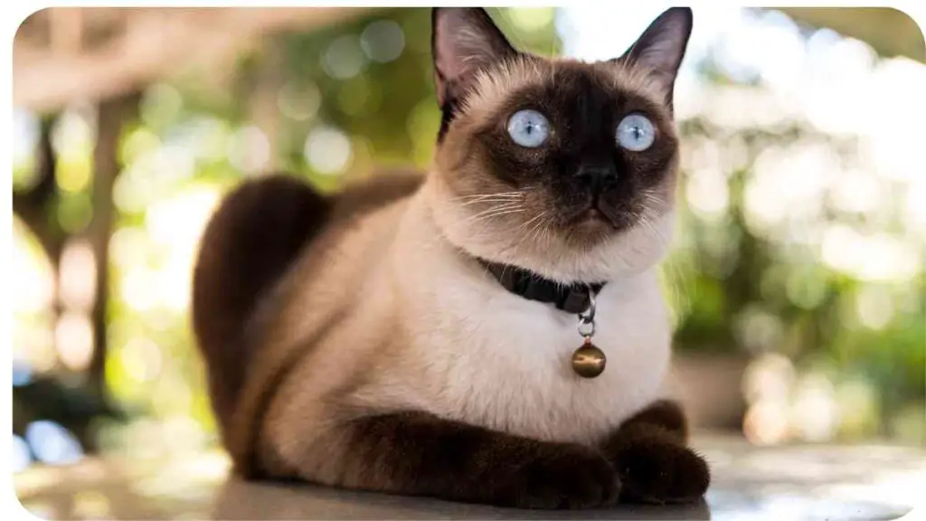 a siamese cat with blue eyes sitting on a table
