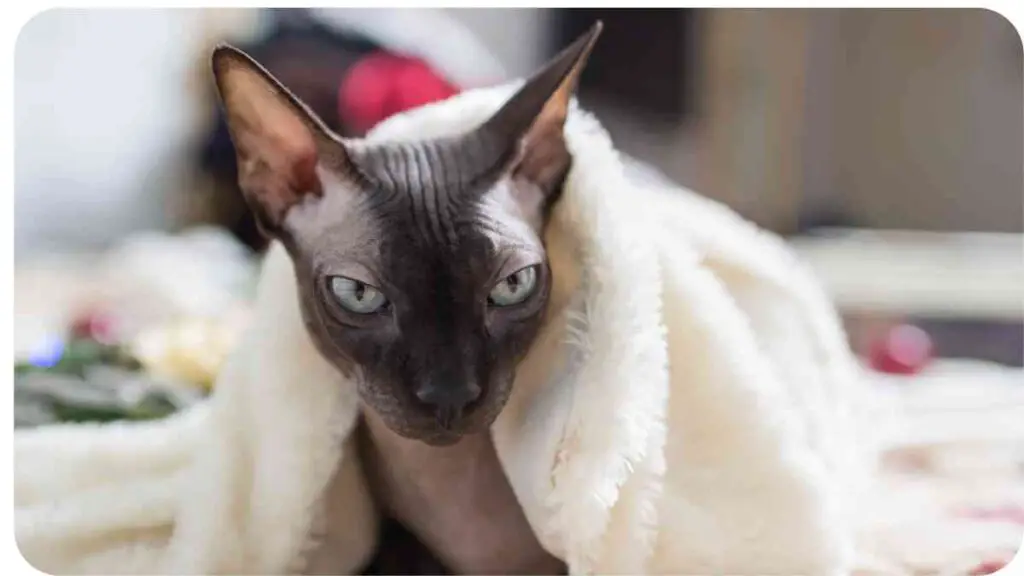 a sphynx cat is wrapped in a blanket