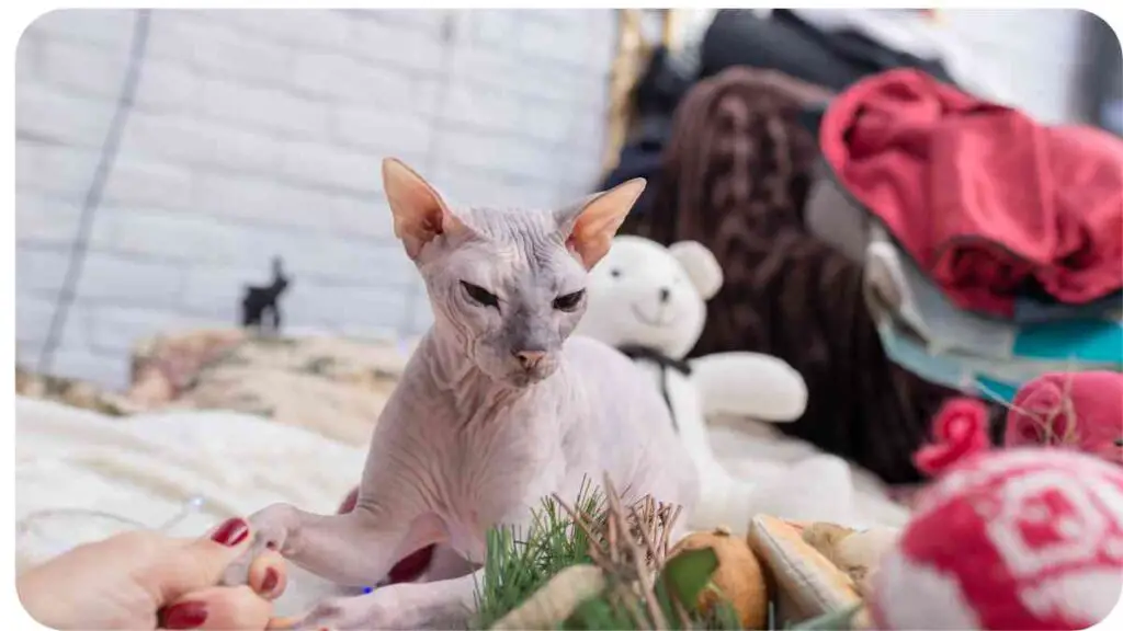 a hairless cat sitting on a bed surrounded by toys