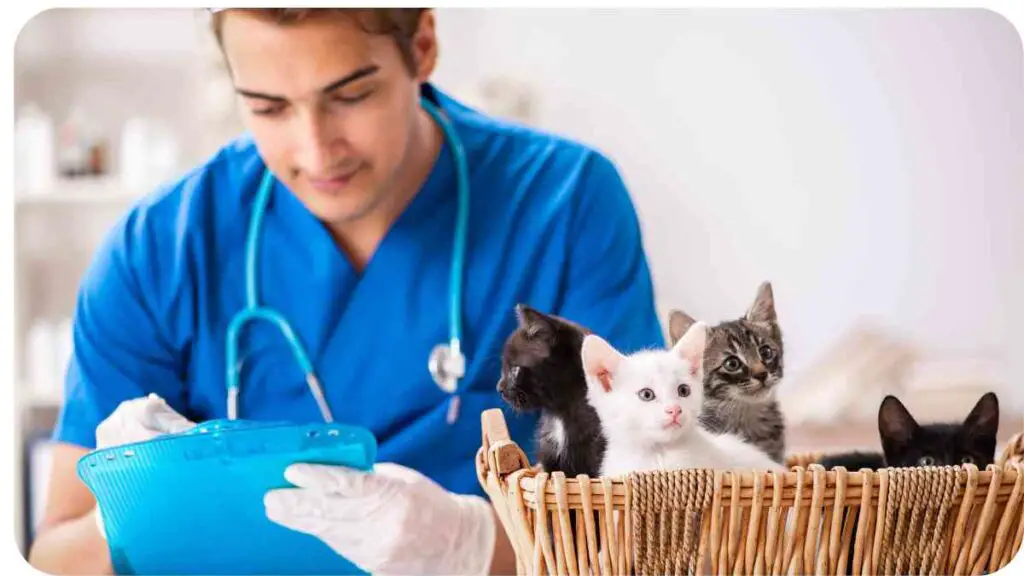 a person in blue scrubs holding a basket of kittens