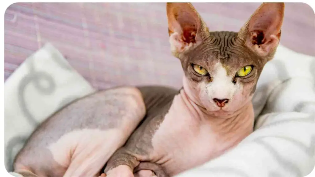 a hairless cat laying on top of a blanket