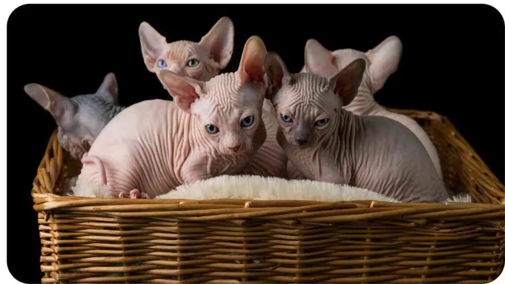 a group of sphynx kittens in a wicker basket